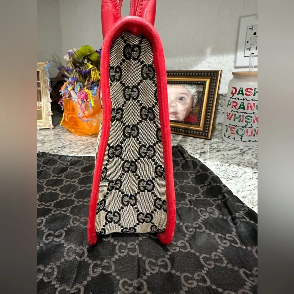 6 HOUR SALE -GUCCI MONOGRAM CANVAS MINI BAG W Red LEATHER DUAL HANDLES - Picture 6 of 15
